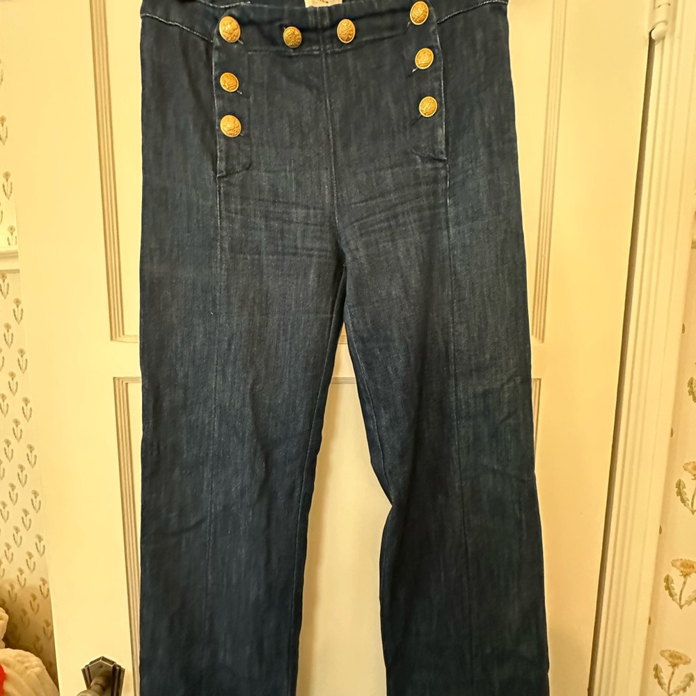 Chic Denim Sailor Pants with Gold Buttons